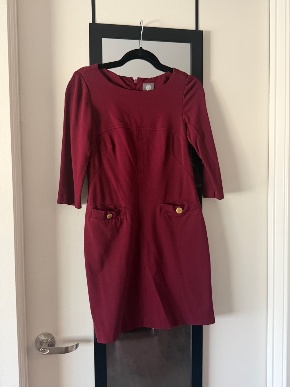 Vince Camuto Burgundy Midi Sheath Dress with Gold Button Accents